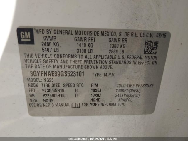 3GYFNAE39GS523101 Cadillac Srx Standard