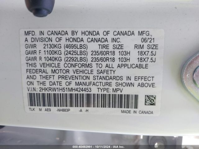 2HKRW1H51MH424453 Honda Cr-v 2wd Ex