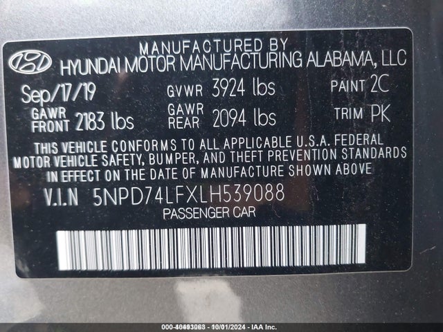 5NPD74LFXLH539088 Hyundai mpi nu