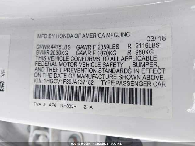 1HGCV1F39JA137182 Honda Accord Sport