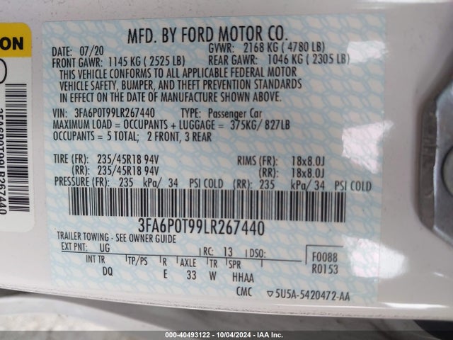 Ford FUSION SE 2020 3FA6P0T99LR267440 Image 9