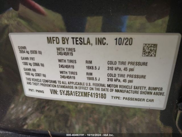 5YJSA1E2XMF419180 Tesla Model S Long Range Dual Motor All-wheel Drive/long Range Plus Dual Motor All-wheel Drive