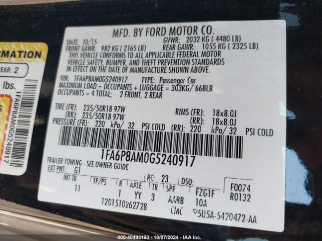 1FA6P8AM0G5240917 Ford Mustang V6