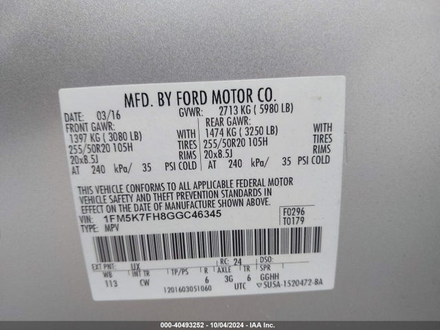 Ford Explorer Limited 2016 1FM5K7FH8GGC46345 Image 9