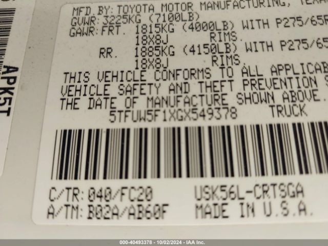 5TFUW5F1XGX549378 Toyota Tundra Sr5 5.7l V8