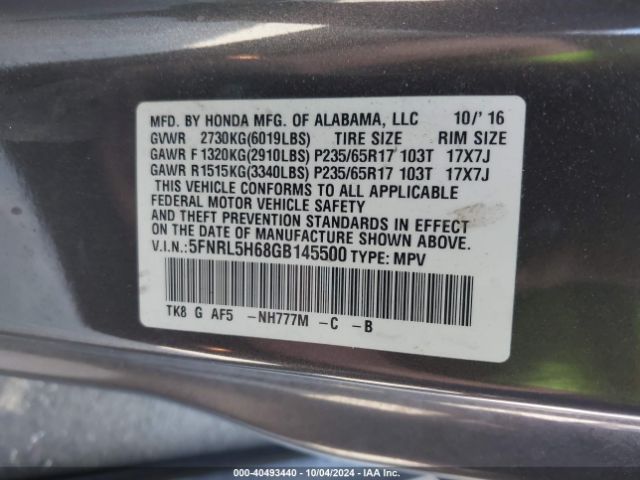 5FNRL5H68GB145500 Honda Odyssey Ex-l