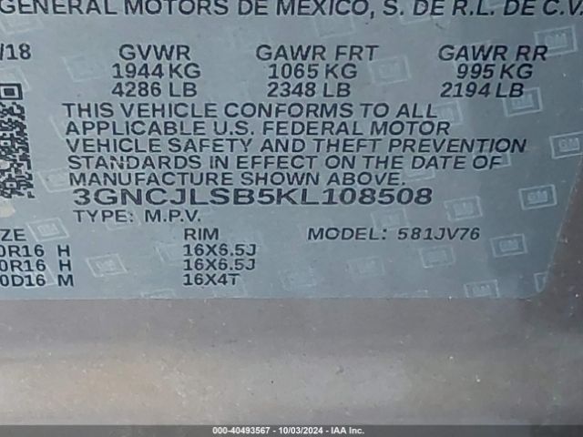 3GNCJLSB5KL108508 Chevrolet Trax Lt