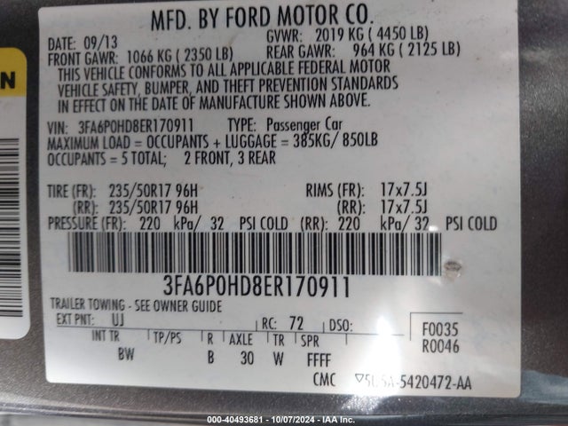 Ford FUSION SE 2014 3FA6P0HD8ER170911 Image 9