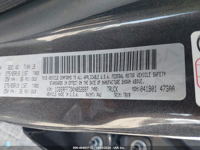 1C6SRFFT5KN852697 RAM 1500 Big Horn/lone Star  4x4 5'7 Box