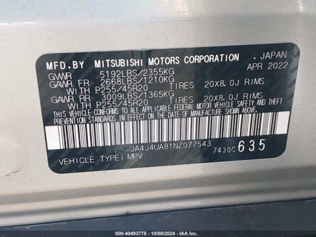 JA4J4UA81NZ077543 Mitsubishi Outlander Black Edition /se 2.5 /se Launch Edition