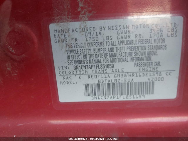Nissan Versa 1.6 Sv 2015 3N1CN7AP1FL851659 Image 9