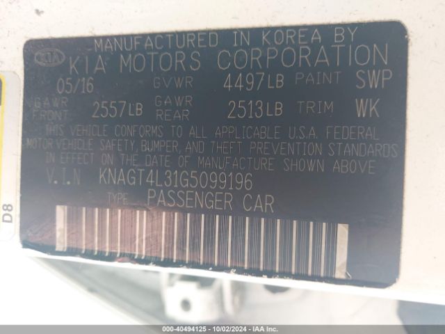 KNAGT4L31G5099196 KIA Optima Lx