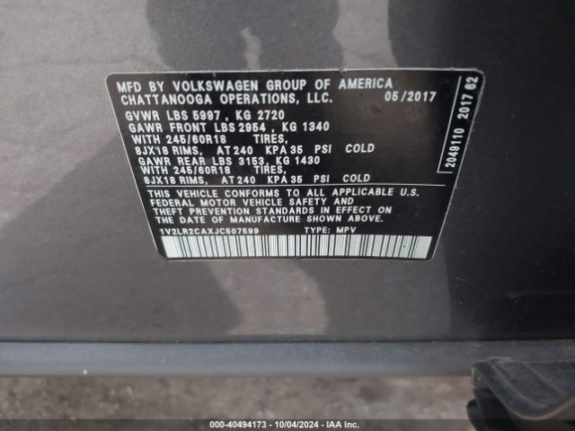 1V2LR2CAXJC507599 Volkswagen Atlas 3.6l V6 Se/3.6l V6 Se W/technology