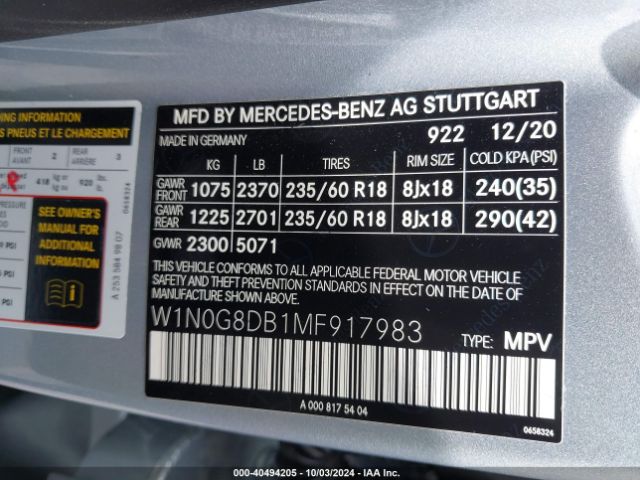 W1N0G8DB1MF917983 Mercedes-Benz Glc 300 Suv