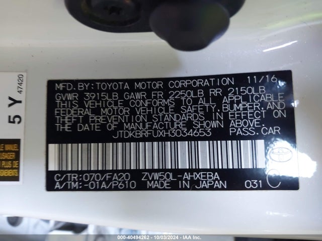 Toyota Prius Two 2017 JTDKBRFUXH3034653 Image 9