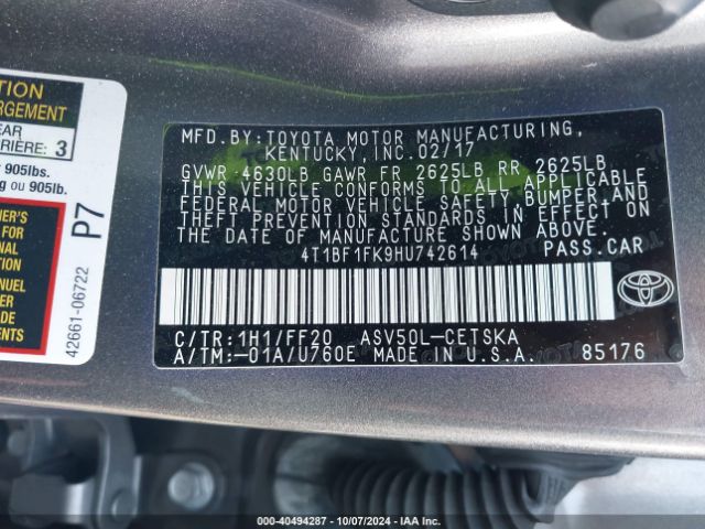 4T1BF1FK9HU742614 Toyota CAMRY SE
