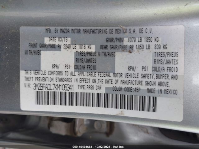 3MZBPADL7KM105341 Mazda Mazda3 Preferred Package