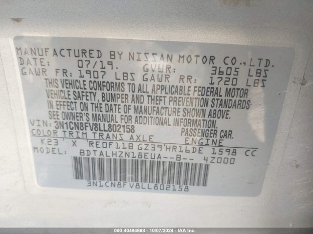 Nissan Versa Sr Xtronic Cvt 2020 3N1CN8FV8LL802158 Image 9