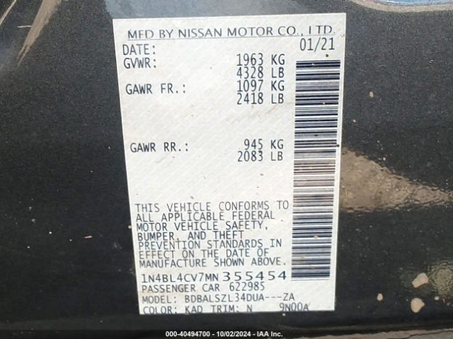 1N4BL4CV7MN355454 Nissan Altima Sr Fwd
