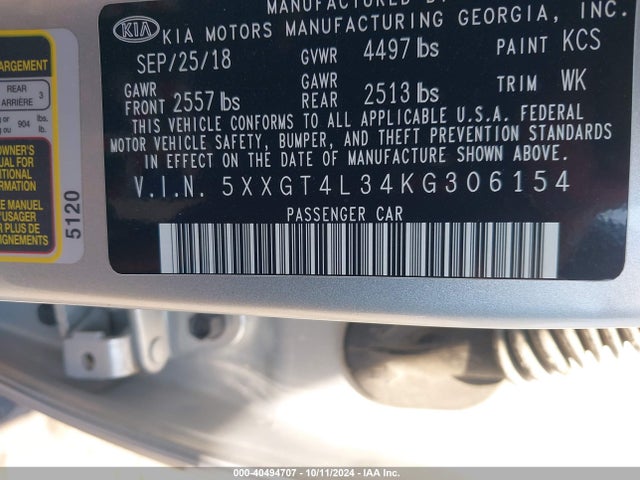 KIA Optima Lx 2019 5XXGT4L34KG306154 Image 9