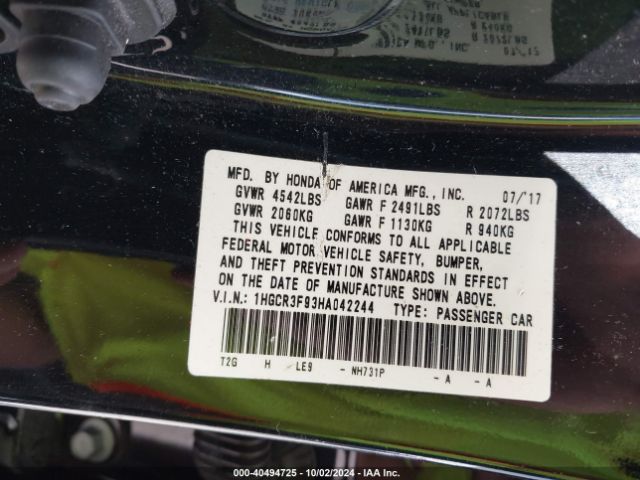 1HGCR3F93HA042244 Honda Accord Touring V6
