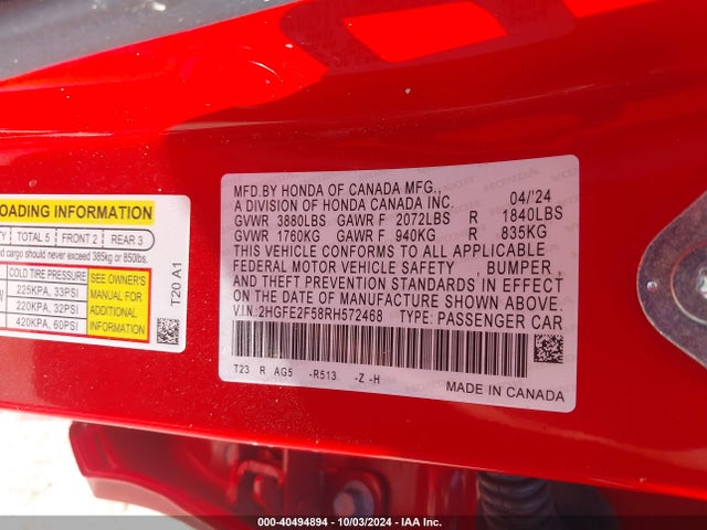 Honda Civic Sport 2024 2HGFE2F58RH572468 Image 9