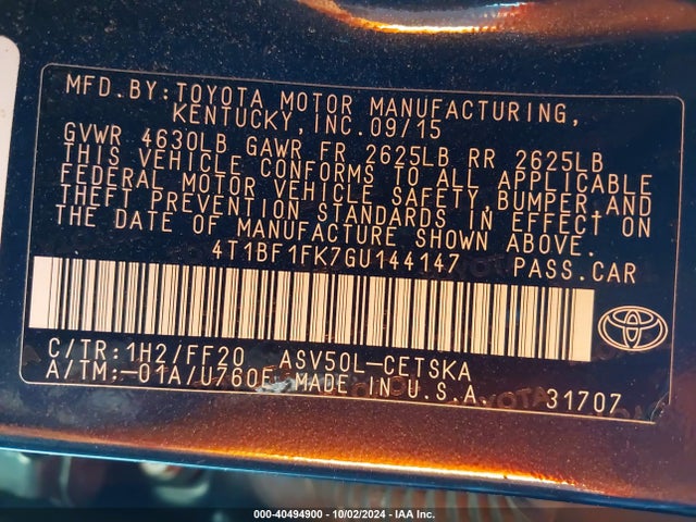 Toyota CAMRY SE 2016 4T1BF1FK7GU144147 Image 9