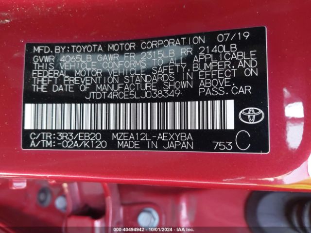 JTDT4RCE5LJ038349 Toyota Corolla Xse