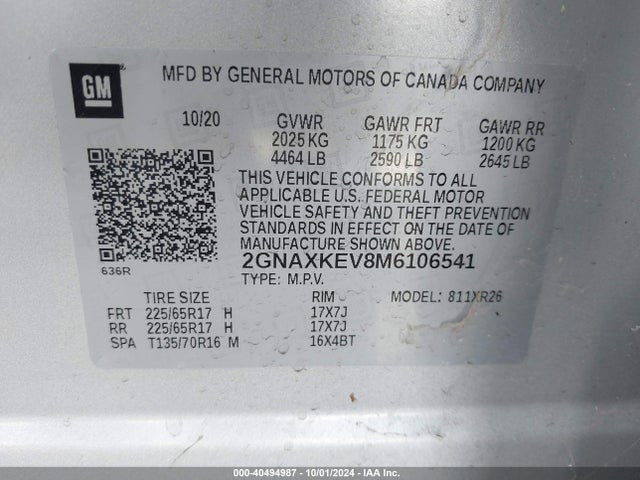 2GNAXKEV8M6106541 Chevrolet Equinox Fwd Lt