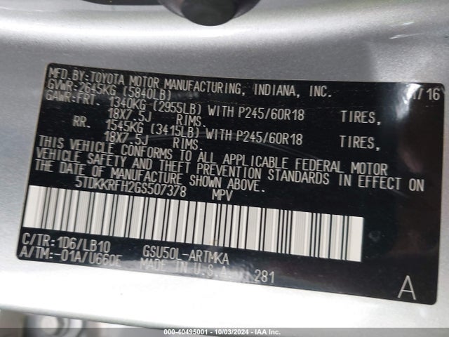Toyota Highlander Xle V6 2016 5TDKKRFH2GS507378 Image 9
