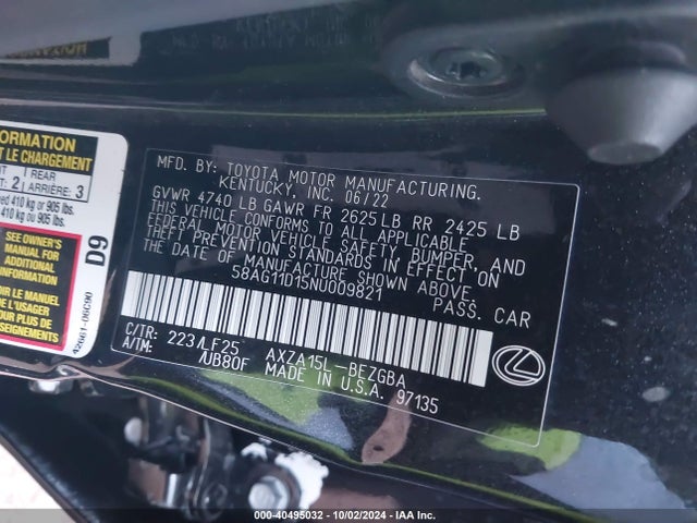 Продажа на аукционе авто 2022 Lexus Es 250 F Sport, vin: 58AG11D15NU009821, номер лота: 40495032