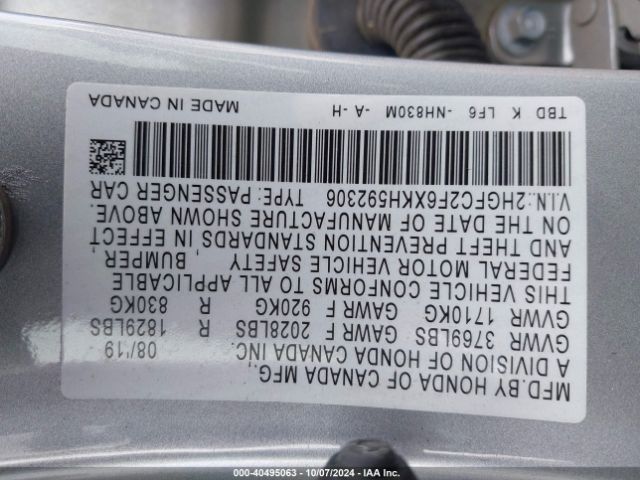 2HGFC2F6XKH592306 Honda Civic Lx