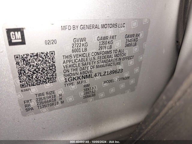1GKKNML47LZ189623 GMC Acadia Fwd Slt