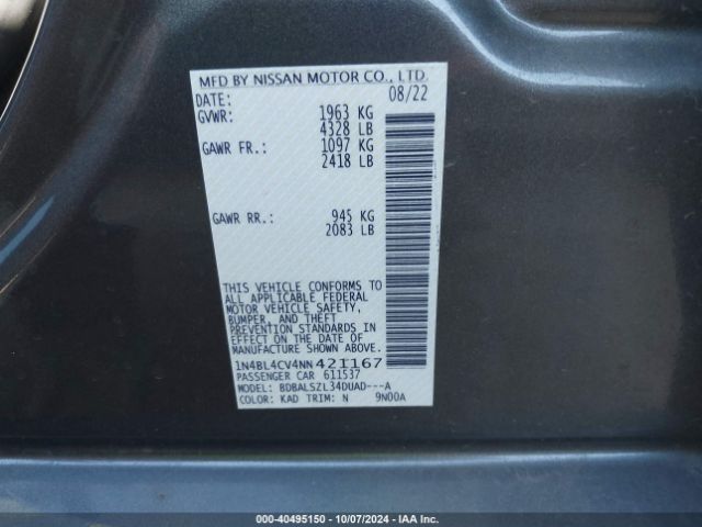1N4BL4CV4NN421167 Nissan Altima Sr Fwd