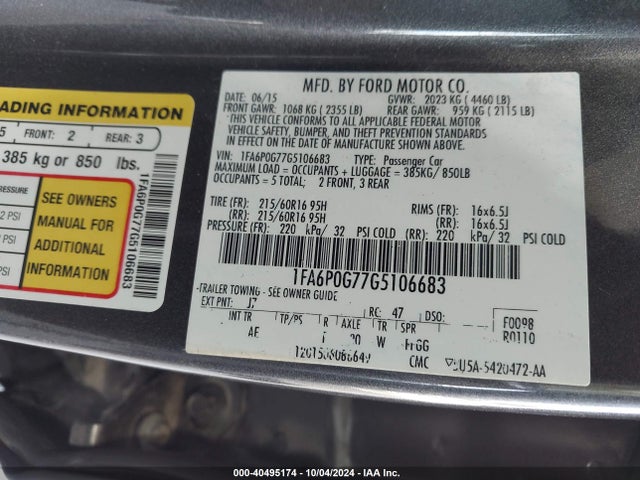 Ford FUSION S 2016 1FA6P0G77G5106683 Image 9