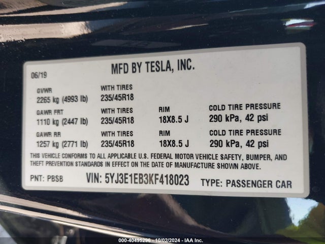 2019 TESLA MODEL 3 5YJ3E1EB3KF418023 Photo 8