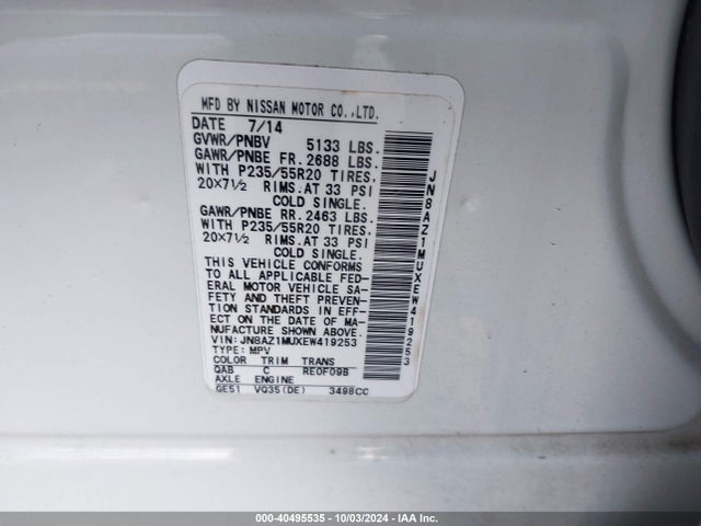 Nissan Murano Le 2014 JN8AZ1MUXEW419253 Image 9