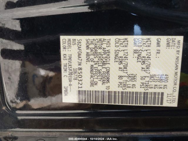 5BZAF0AA7JN850321 Nissan Nv Passenger Nv3500 Hd Sl V8
