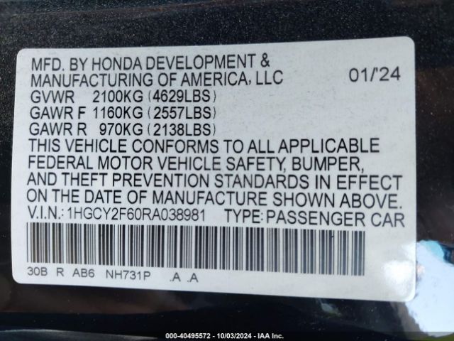 1HGCY2F60RA038981 Honda Accord Hybrid Ex-l