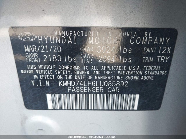 KMHD74LF6LU085892 Hyundai ELANTRA SE