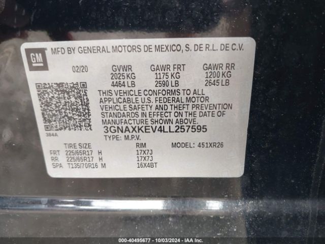 3GNAXKEV4LL257595 Chevrolet Equinox Fwd Lt 1.5l Turbo