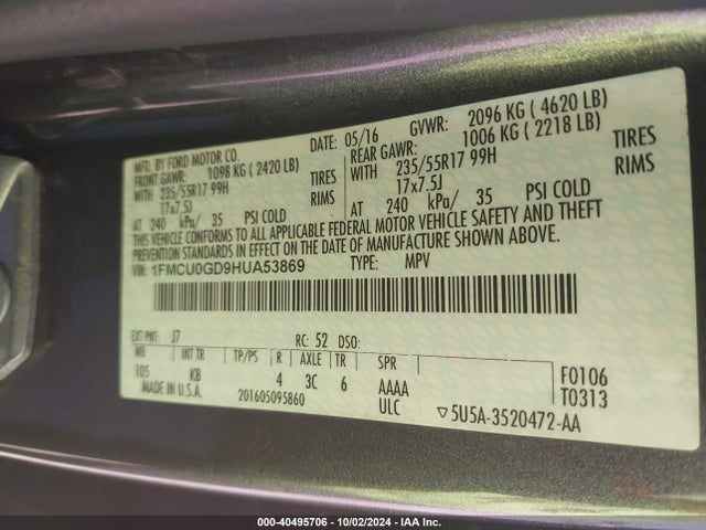 Ford ESCAPE SE 2017 1FMCU0GD9HUA53869 Image 9