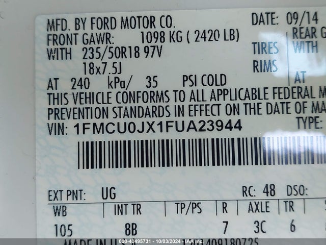 Ford Escape Titanium 2015 1FMCU0JX1FUA23944 Image 9