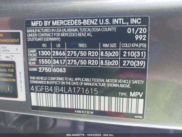 4JGFB4JB4LA171615 Mercedes-Benz GLE 350