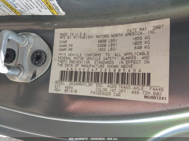 2008 MITSUBISHI ECLIPSE 4A3AK24F28E005494 Photo 8