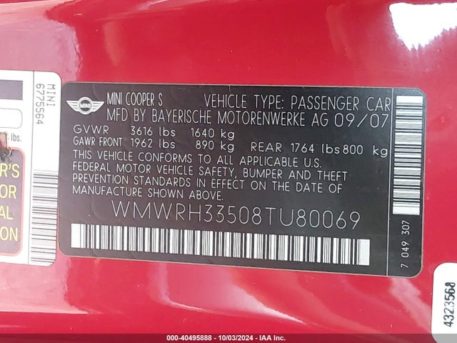 2008 MINI COOPER S WMWRH33508TU80069 Photo 8