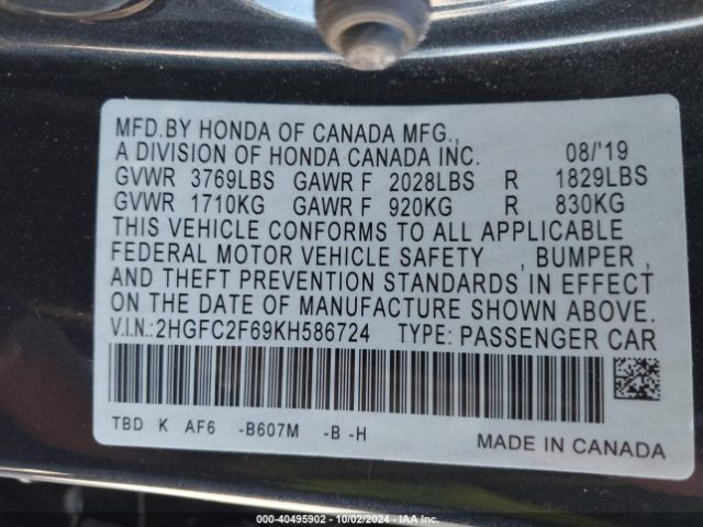 2HGFC2F69KH586724 Honda Civic Lx