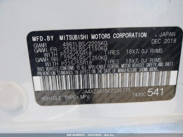 2019 MITSUBISHI OUTLANDER JA4AZ3A35KZ035775 Photo 8