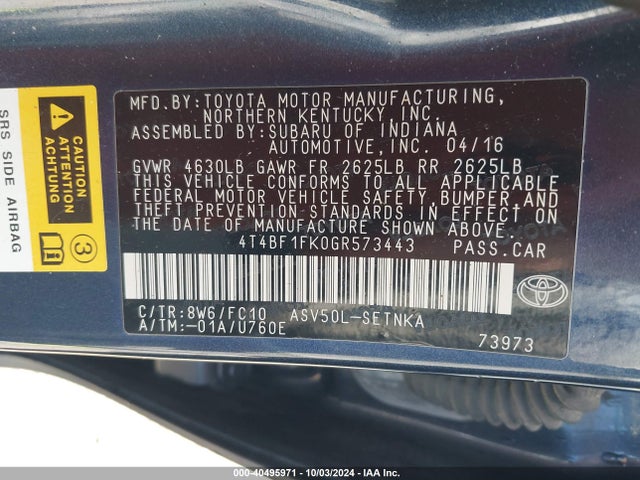 Toyota CAMRY LE 2016 4T4BF1FK0GR573443 Image 9