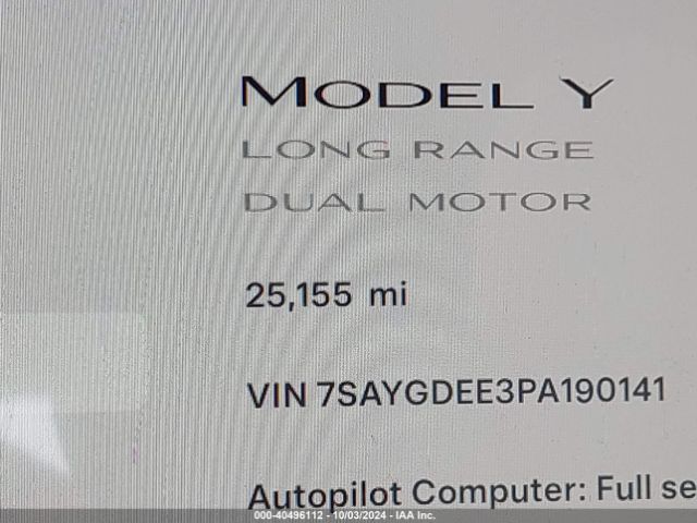 7SAYGDEE3PA190141 Tesla Model Y Awd/long Range Dual Motor All-wheel Drive